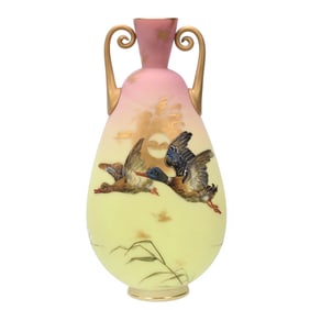 Vase, Two Handles, Decorated Burmese Art Glass By Mt. Washington