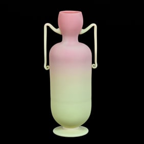 Pedestal Vase, Two Handles, Burmese Art Glass Attributed To Mt. Washington