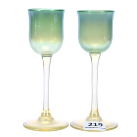 Pair Cordial Stems Signed L.C.T. (Tiffany) Art Glass