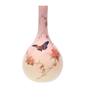 Vase, Decorated Burmese Art Glass Signed "Webb Queens Burmese"