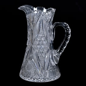 Pitcher, American Brilliant Cut Glass, Signed Pitkin & Brooks Plymouth Pattern