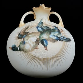 Bulbous Vase, Two Handles, Unmarked Crown Milano Art Glass By Mt. Washington