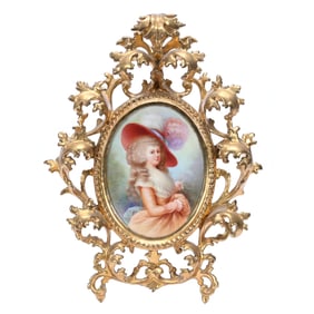 Oval Porcelain Plaque Marked KPM, Hand Painted Portrait Of Gainsborough Woman