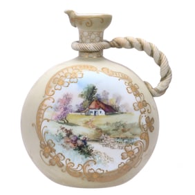 Jug, Signed Crown Milano #504, Hand Painted Sheepherder And Cottage Scenic Decor