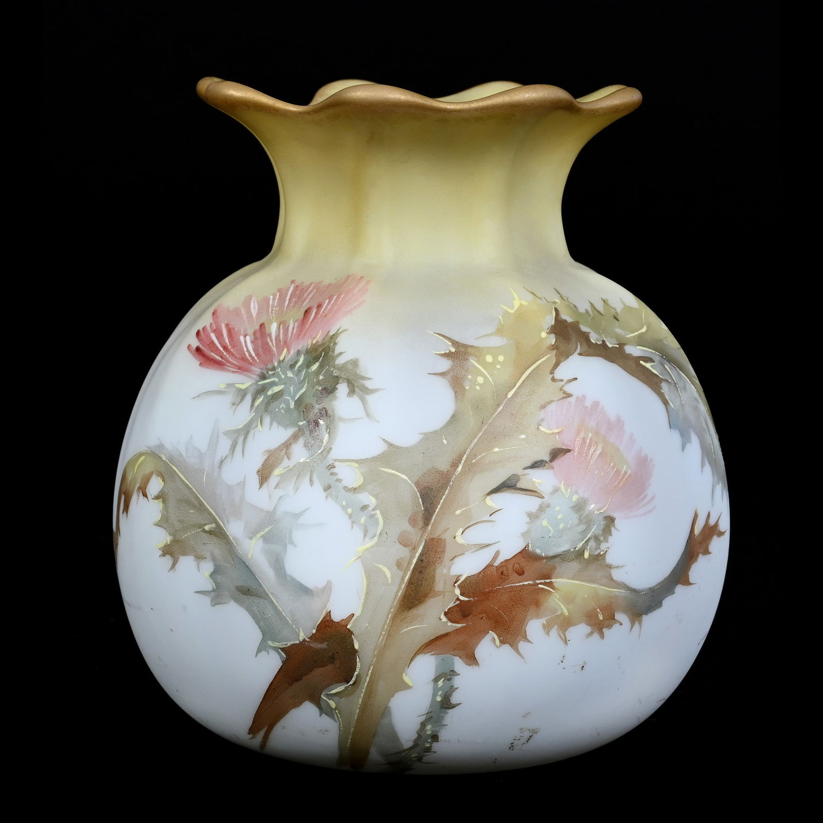 Vase, Unmarked Crown Milano Mt. Washington Yellow And White Tones With Colorful Thistle Decor (1 of 3)