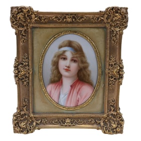 Oval Porcelain Plaque, Unmarked German, Hand Painted Portrait Of Young Girl With Blue Ribbon