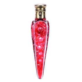 Laydown Perfume Bottle, Brilliant Period Cut Glass, Cranberry Cut To Clear