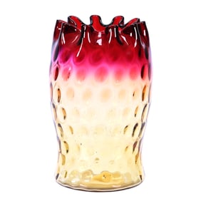 Celery Vase, Amberina Art Glass Coinspot, Pie Crust Edge