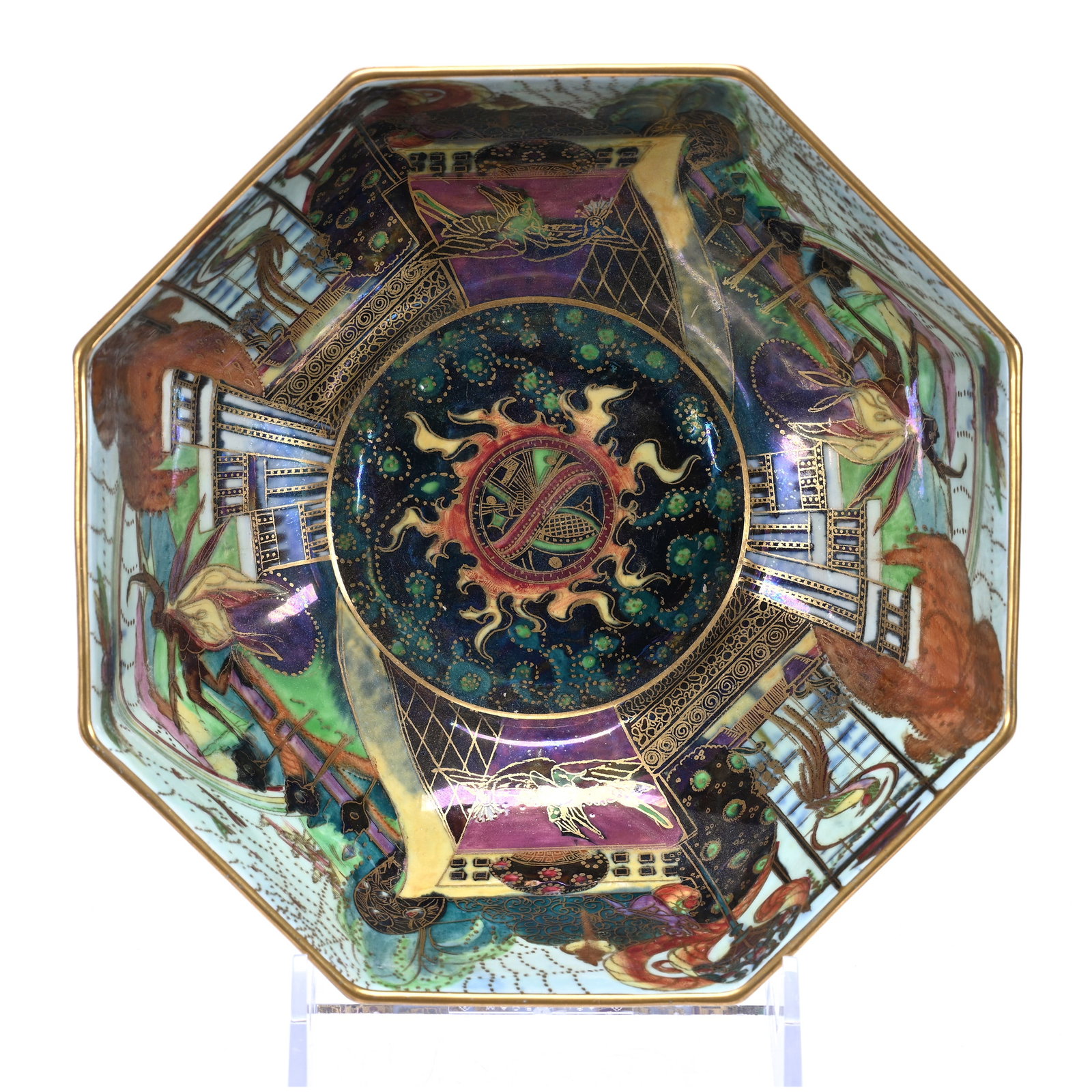 Bowl, Octagonal, Marked Wedgwood Fairyland Lustre #Z5125, Castle On A Road Exterior: Bowl, Octagonal, Marked Wedgwood Fairyland Lustre #Z5125, Castle On A Road Exterior, 3.5" x 7", Bird In A Hoop Interior Pattern, Exactly As Shown In Una's Book, Page 151, Designed By Daisy Makeig-Jone