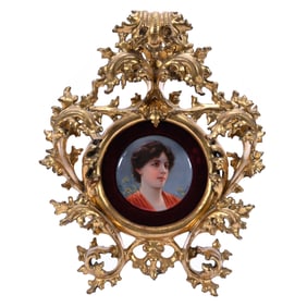 Round Porcelain Plaque Marked Heubach Bisque, German, Hand Painted Portrait Of Young Woman