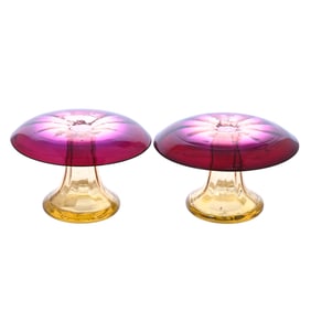 Pair Mushroon Shape Pansy Vases, Alexandrite Art Glass By Webb