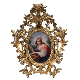 Oval Porcelain Plaque, German, Hand Painted Portrait Of Woman With Violin, Artist Signed Wagner