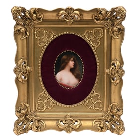 Oval Porcelain Plaque, German, Hand Painted Portrait Of Young Woman, Artist Signed Wagner