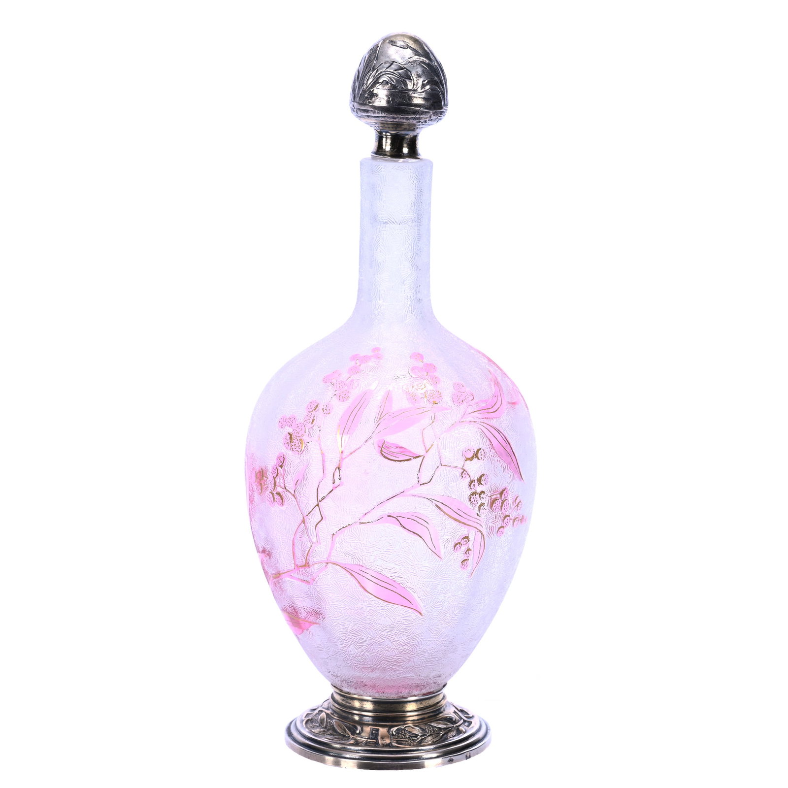 Cordial Decanter, Unmarked St. Louis French Cameo Art Glass: Cordial Decanter, Unmarked St. Louis French Cameo Art Glass, 8.25" x 3.25", Acid Cut Ground With Cranberry Branch, Leaf And Berry Cameo Cutback Decor, Silver Foot And Matching Stopper, Paul and Peggy 