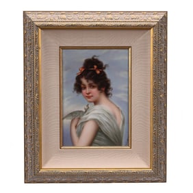 Porcelain Plaque, Hand Painted, Young Girl Holding Dove, Artist Signed