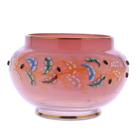 Vase, Signed Moser #921/D180, Pink Opalescent Art Glass With Colorful Enameled Leaf Decor