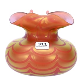 Vase, Orange And Yellow Satin Mother Of Pearl Star Pattern Art Glass
