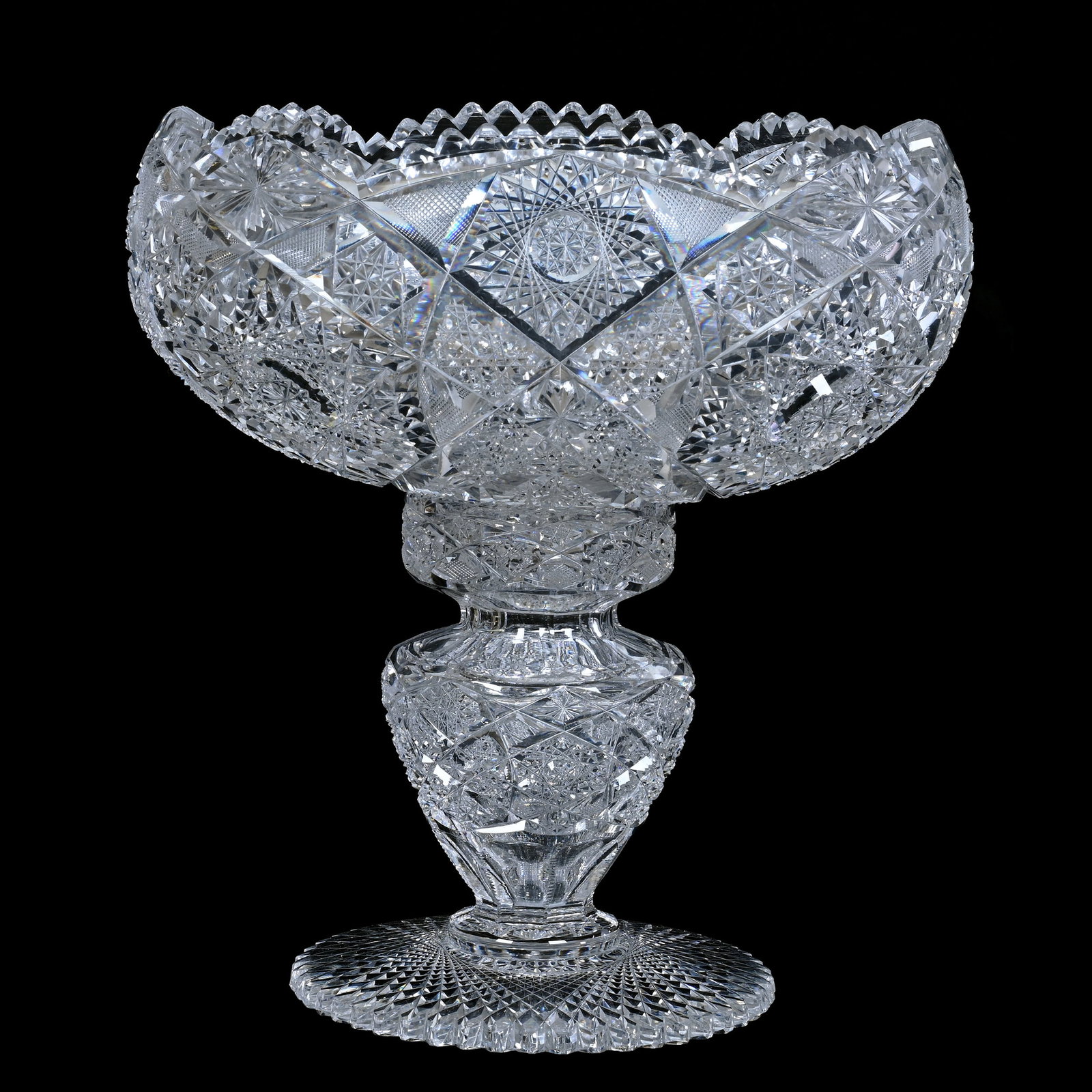 Punch Bowl, Two Part, American Brilliant Cut Glass: Punch Bowl, Two Part, American Brilliant Cut Glass, 13.25" x 12", Hobstar, Vesica, Cane, Strawberry Diamond And Star Motif, Pattern Cut Base, Large Scalloped Hobstar Foot, Tooth Chip, Top Base Rim Has