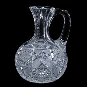 Rare Handled Water Carafe, American Brilliant Cut Glass, Arcadia Type Pattern