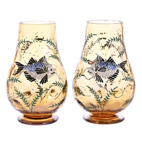 Pair Vases, Unmarked Moser (Harrach) Style Amber Coinspot Art Glass With Colorful Enamel Fish Decor