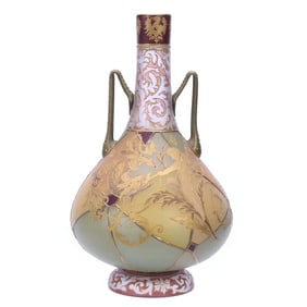 Two Handled Vase, Unmarked Royal Flemish (Harrach) Art Glass- Gilded Cherub, Griffin And Serpent