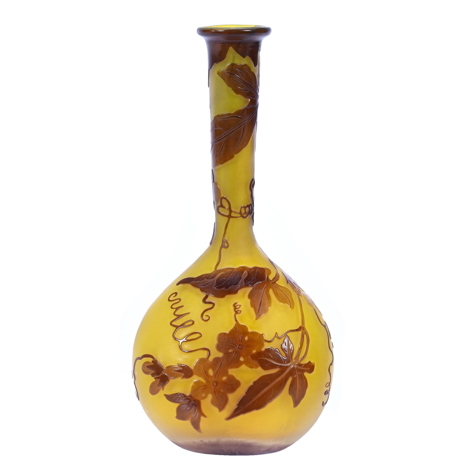Banjo Vase, Signed Galle French Cameo Art Glass: Banjo Vase, Signed Galle French Cameo Art Glass, 6.75" x 3.25" x 2.25", Yellow Ground With Amethyst Cut Back Vine Decor Overlay, California Private Collection.