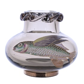 Vase, Marked Moser Karlsbad, Smoke Colored Art Glass With Colorful Enamel Fish Decor