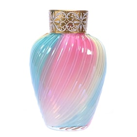 Vase, Cased Rainbow Art Glass Ribbed Swirl Design, Enameled Decorative Border