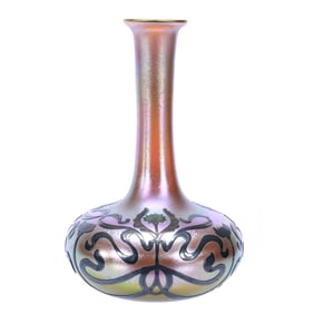Vase, Signed Quezal Gold Iridescent Art Glass With Sterling Silver Floral Decor Overlay, Nice