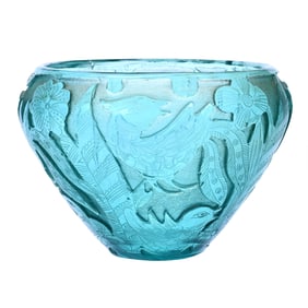 Vase, Signed Moser Green Art Deco, Etched Floral And Bird Decor, Artist Heinrich Hussman