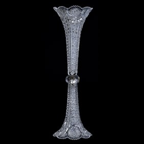 Three Part Vase, American Brilliant Cut Glass, Cut In Alternating Panels Of Hobstar And Button Motif