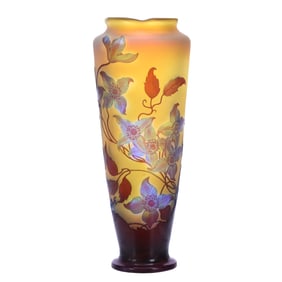Large Vase, Signed Galle French Cameo Art Glass, Yellow Ground With Amethyst/Blue Clematis Design