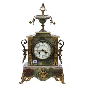 Mantel Clock, French "Le Roy" Clock Face With Green Onyx Case And Gilded Metal Highlights