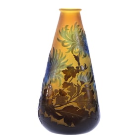 Square Tapered Vase, Signed Galle French Cameo Art Glass, Chrysanthemum Pattern!
