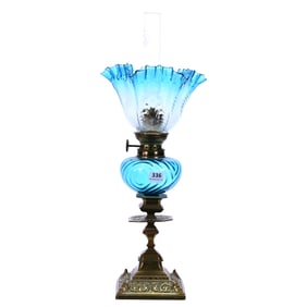 Peg Lamp, Blue Art Glass Font With Blue Shading To Clear Ruffled Shade