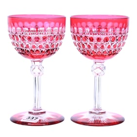 Pair Wine Stems, ABCG, Hob Diamond Pattern By Dorflinger (With Punties), Cranberry Cut To Clear