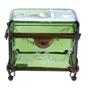 Jewel Casket, Green Bohemian Art Glass With Enameled Chick And Farmyard Decor
