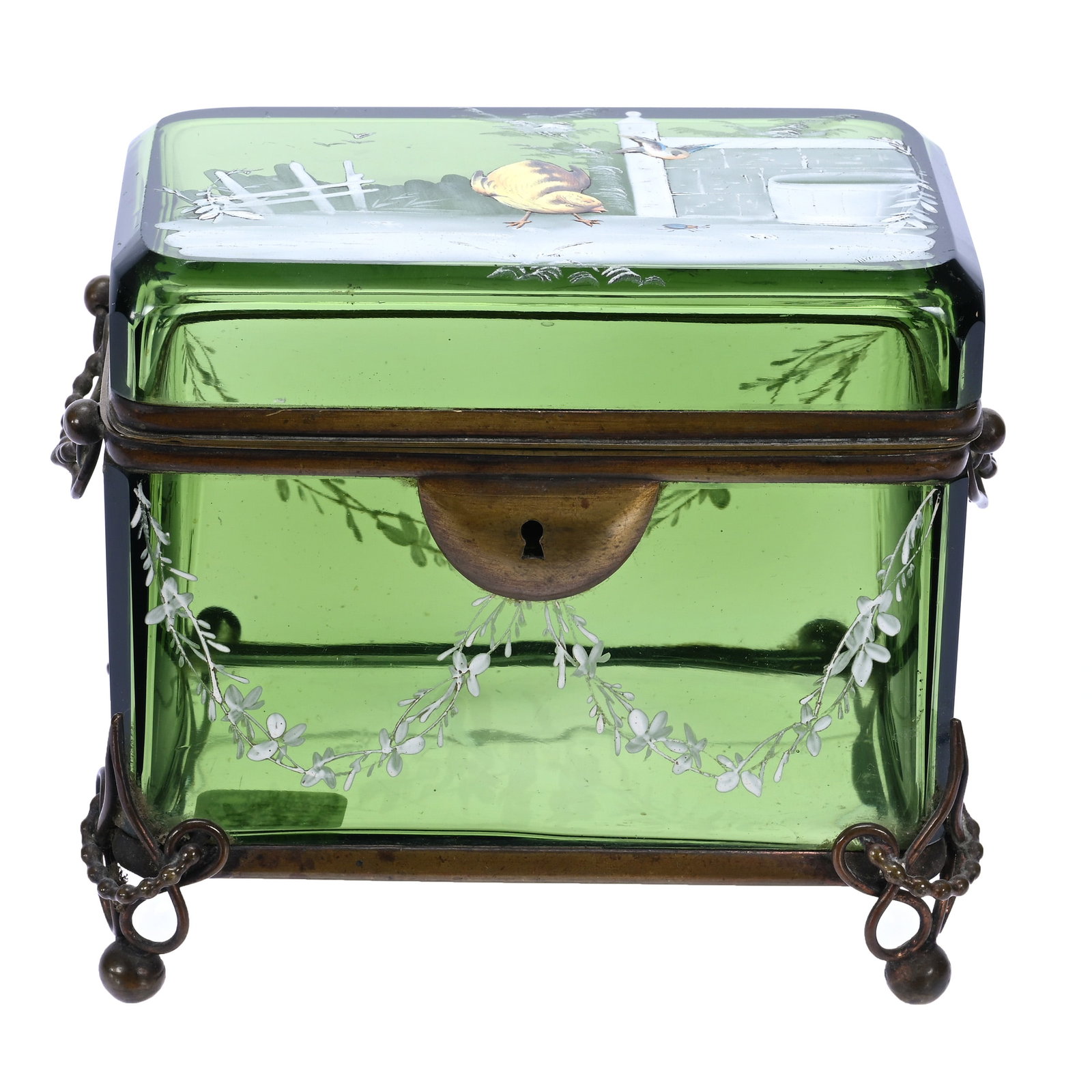 Jewel Casket, Green Bohemian Art Glass With Enameled Chick And Farmyard Decor: Jewel Casket, Green Bohemian Art Glass With Enameled Chick And Farmyard Decor, 4.75" x 5.25" x 3.25", Gilded Metal Fittings, No Key, California Private Collection.