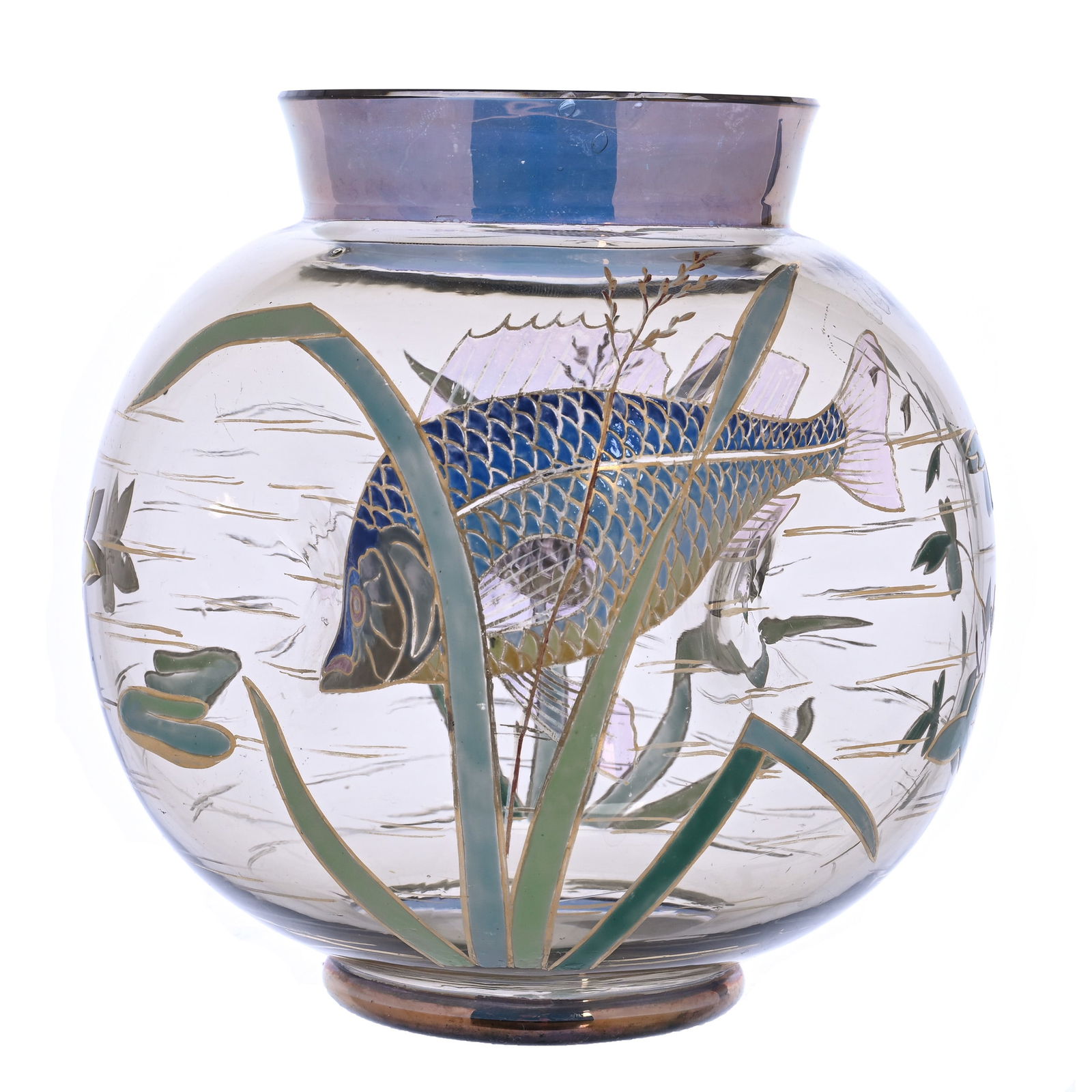 Square Dimple Vase, Unmarked Moser (Harrach) Style, Smoke Art Glass With Enamel Fish Decor (1 of 3)