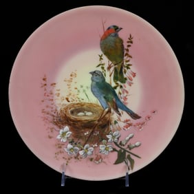 Plate, Burmese By Mt. Washington, Hand Decorated Bird, Blossom And Nest Decor, Nice Detail
