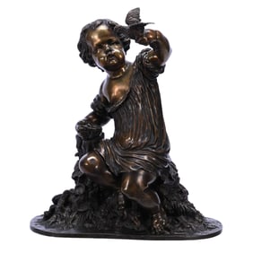 Bronze Group, Signed Moreau, Child With Bird And Nest, Nice Quality And Detail, Rich Patina