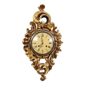 Cartel Clock, Solid Carved And Gilded Wood Clock With Swiss Westerstrand, Original Pendulum