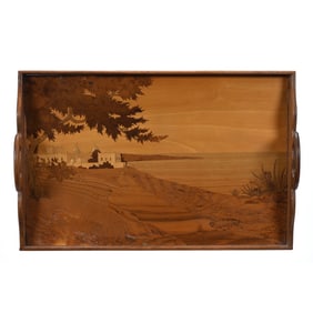 Wooden Serving Tray, Marked Galle, Art Nouveau Style Scenic Inlay Decor, Must See