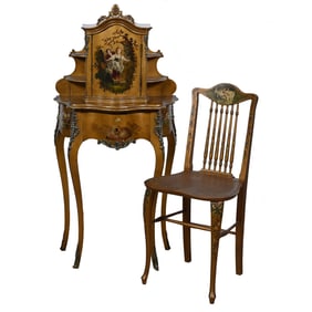 French Two Piece Vanity Cabinet With Chair, Gilded With Hand Painted Courting Scene Decor