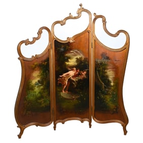 French Dressing Screen, Wood And Oil On Board Three Panels With Classic Scene Of Man, Woman And