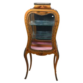 French Vitrine Display Cabinet, Hourglass Form, Hand Painted Cherub And Floral Decor
