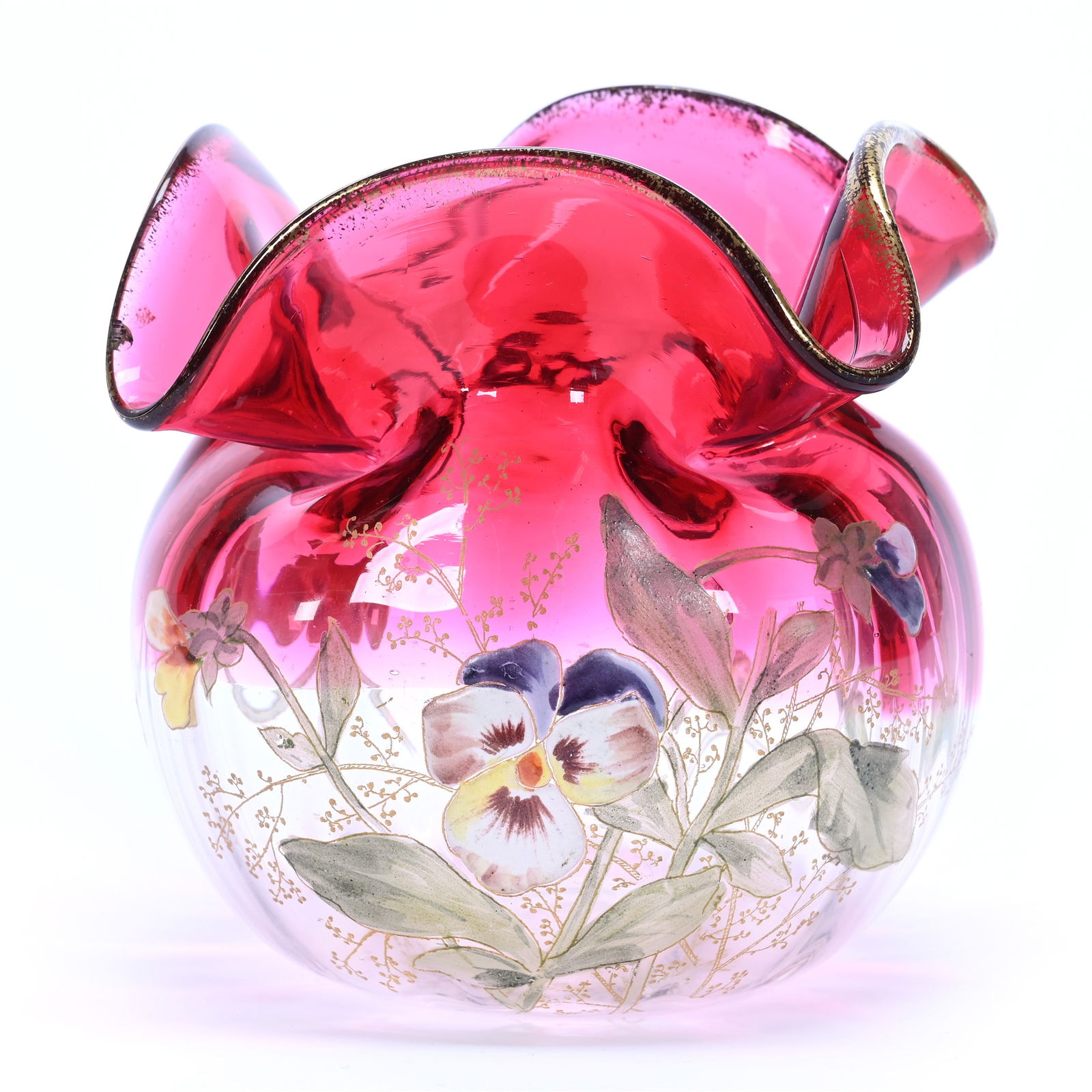 Rose Bowl Vase, Rubina Art Glass Attributed To Moser/Mont Joye, Enameled Pansy Decor (1 of 3)