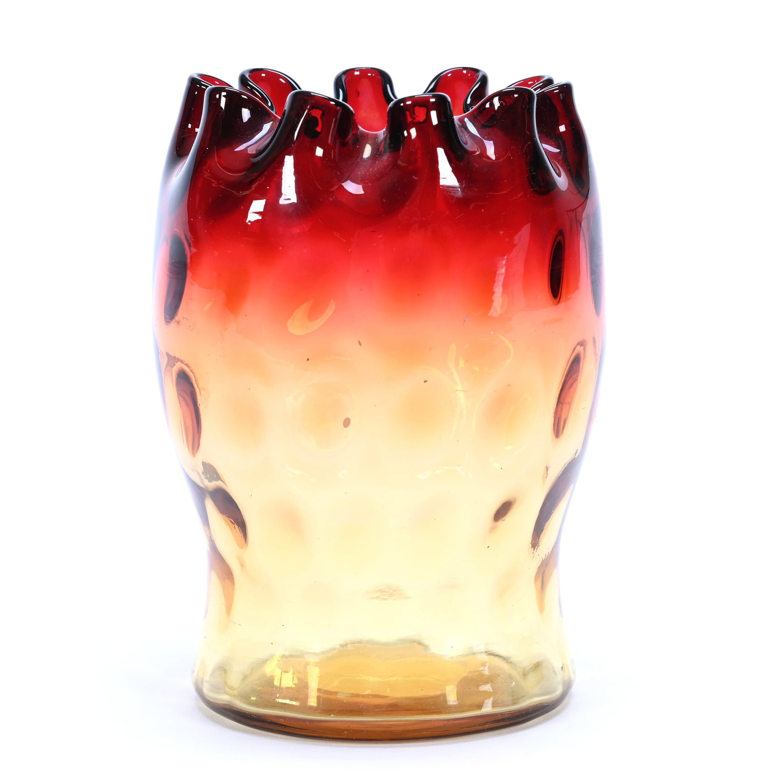 Spooner/Vase, Amberina Art Glass, Coin Spot, Crimped Edge, Polished Pontil Base: Spooner/Vase, Amberina Art Glass, Coin Spot, Crimped Edge, Polished Pontil Base, 4.75" x 3.25", Maurine and The Late Al Edmond Collection, IA.