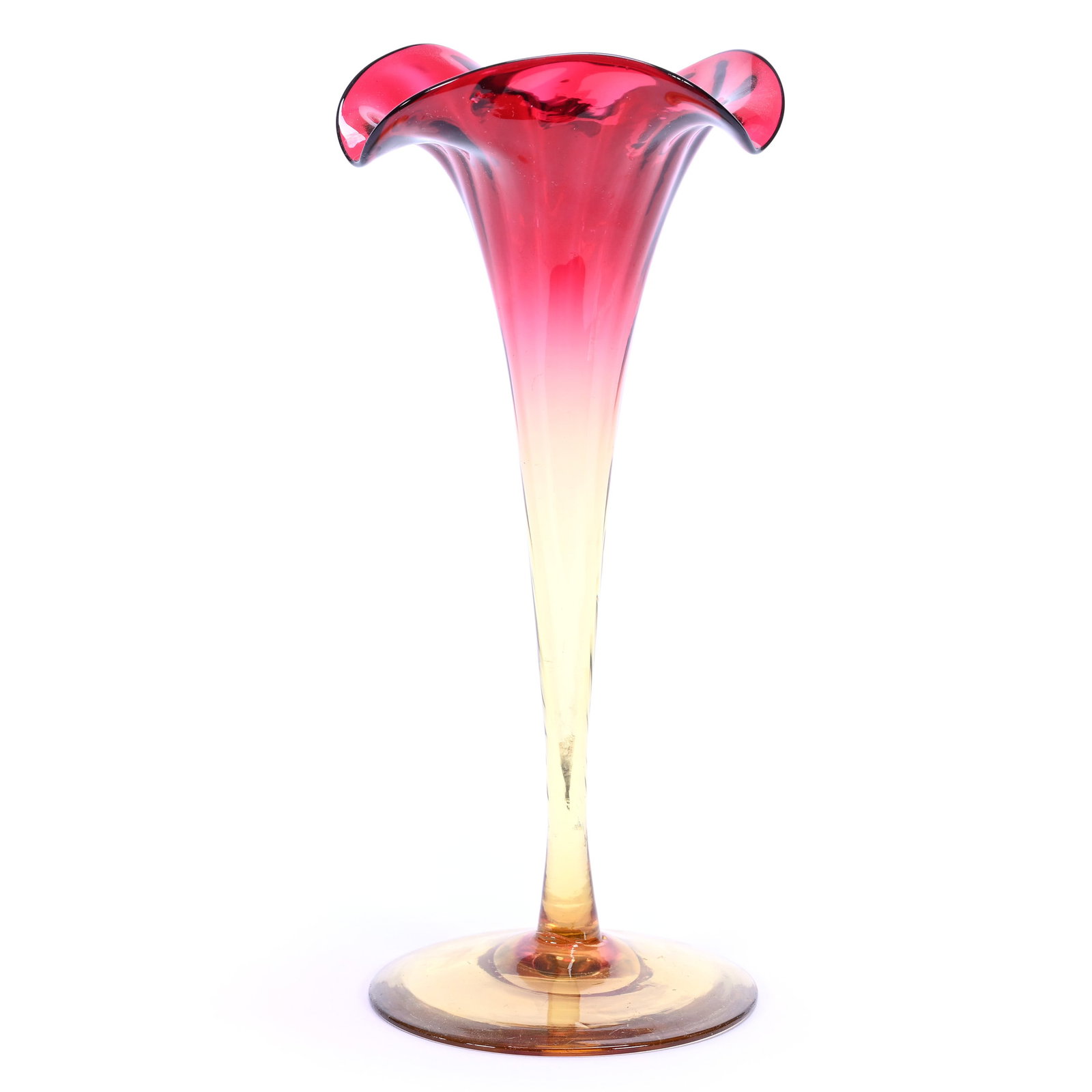 Trumpet Vase, Amberina Art Glass, Optic Rib, Tri Corner Top: Trumpet Vase, Amberina Art Glass, Optic Rib, Tri Corner Top, 7" x 3", Maurine and The Late Al Edmond Collection, IA.