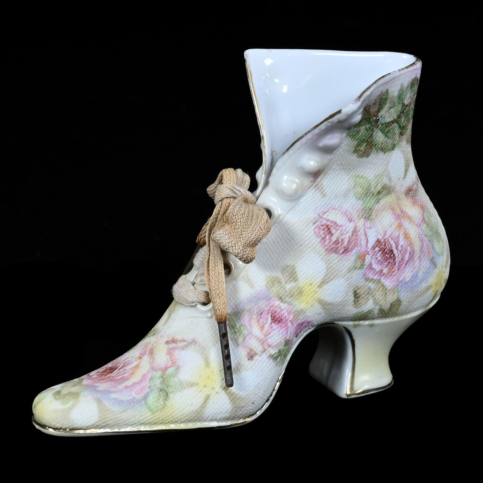 Boot, Royal Bayreuth Blue Mark, Rose Tapestry Finish, With Laces: Boot, Royal Bayreuth Blue Mark, Rose Tapestry Finish, With Laces, 3.25" x 4.5", Maurine and The Late Al Edmond Collection, IA.